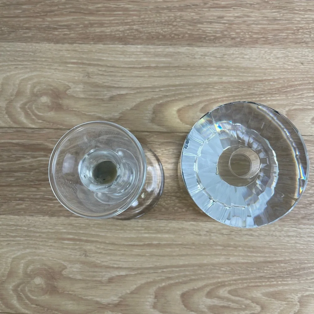 Mismatched Clear Glass Crystal Taper Candlestick Holders Set of 2 Faceted Smooth